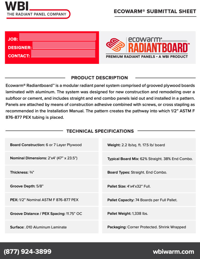 Ecowarm RadiantBoard Submittal Sheet, floor heating system