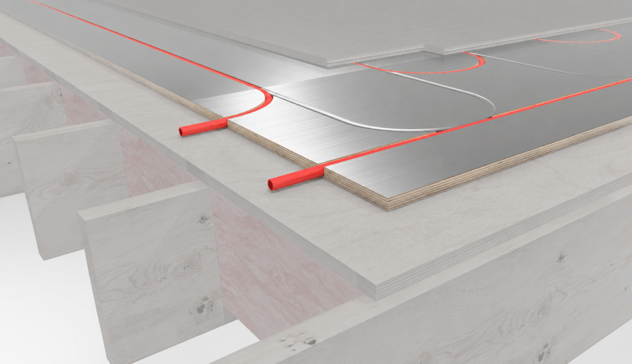 Radiant subfloor panel with red PEX tubing and rising heat
