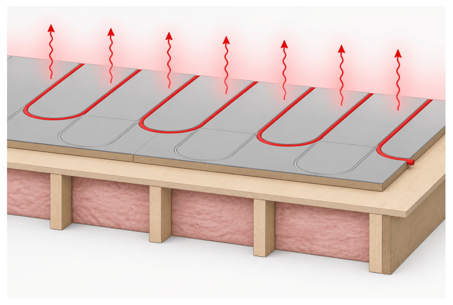 Radiant heat rising from an insulated subfloor panel