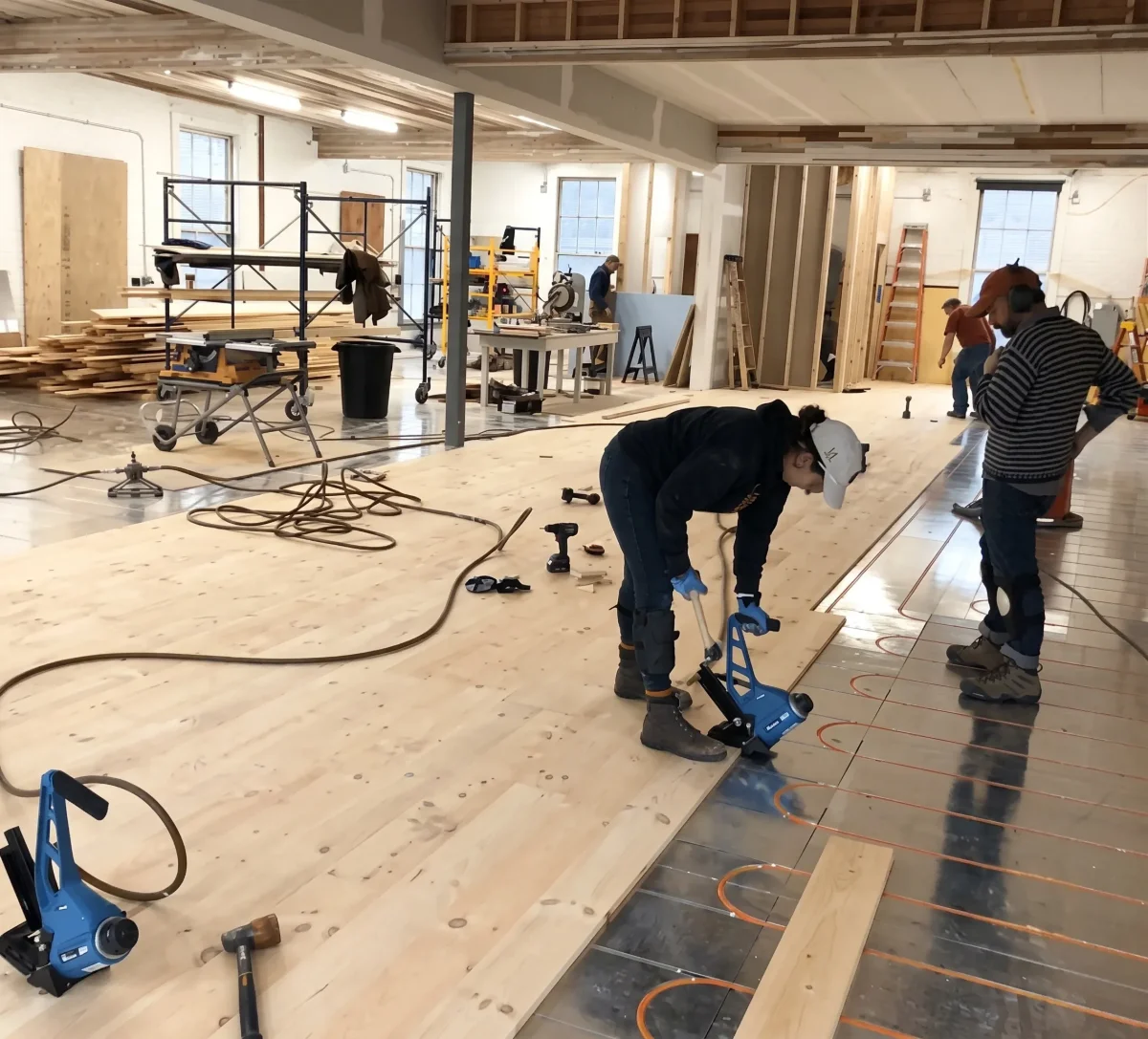Crew nailing plank flooring over installed WBI radiant panels