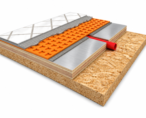 Cutaway illustration of tile, thinset mortar and orange Schluter DITRA over an aluminum-faced WBI radiant panel with red PEX tubing.