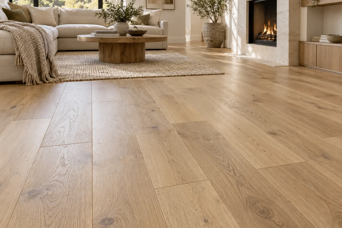 Engineered oak flooring in a remodeled living room
