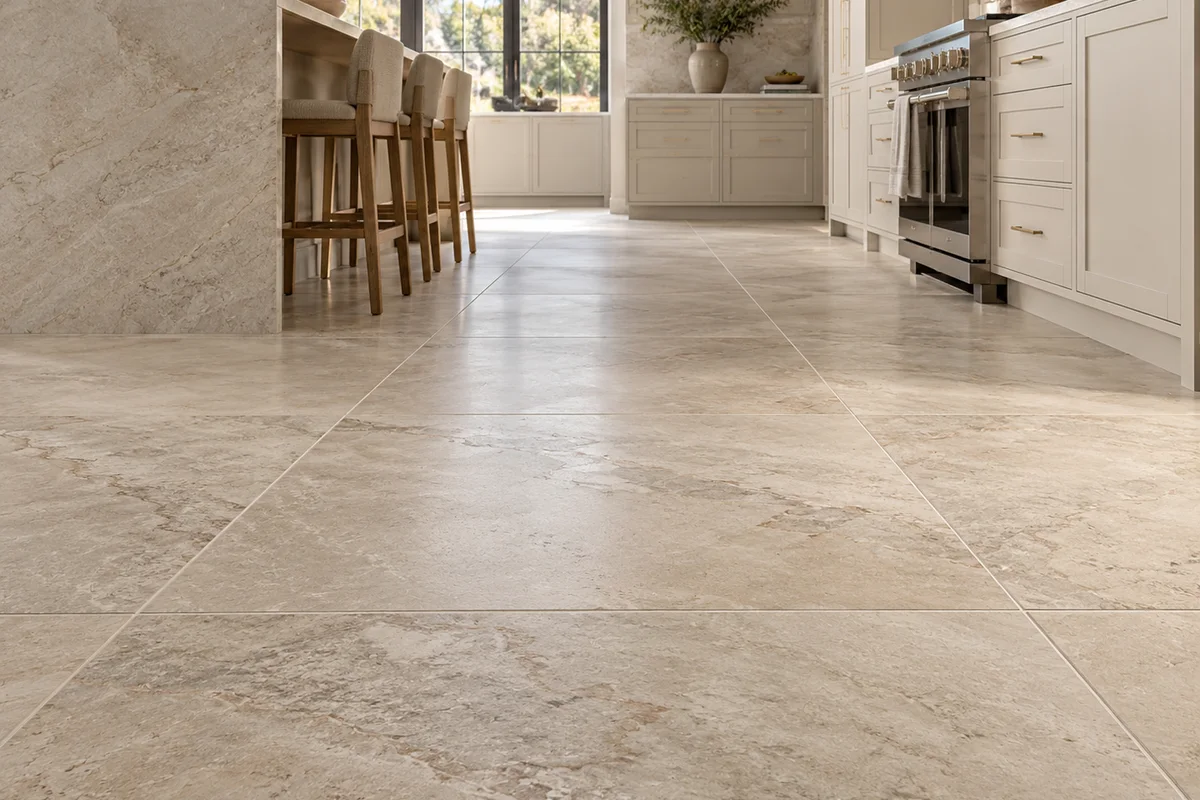 Large format stone tile in a remodeled kitchen