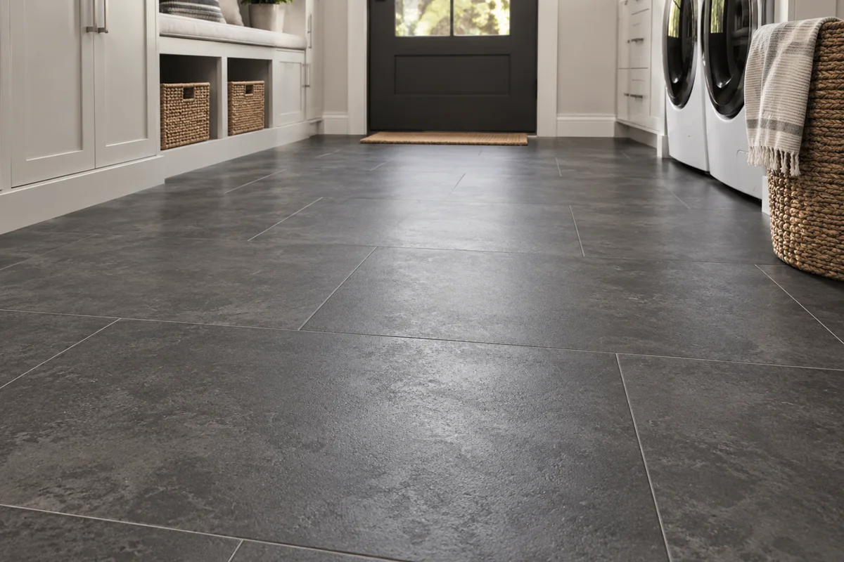 Stone look luxury vinyl tile in a remodeled laundry room