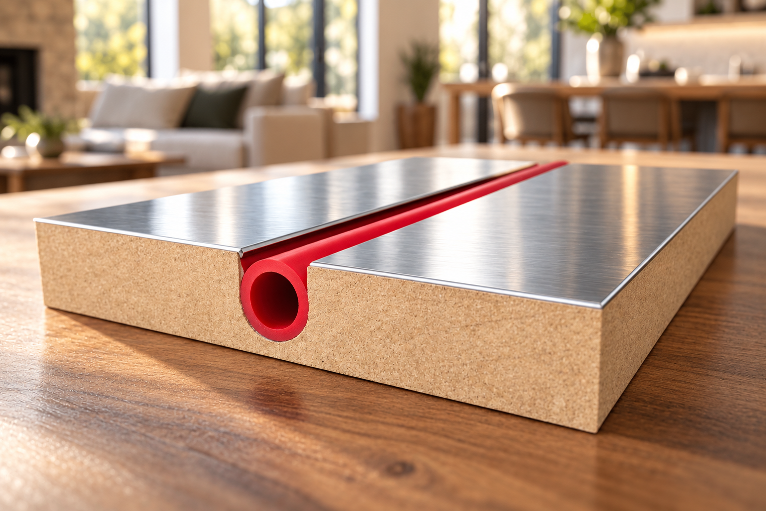 Low profile aluminum radiant floor panel with red PEX tubing