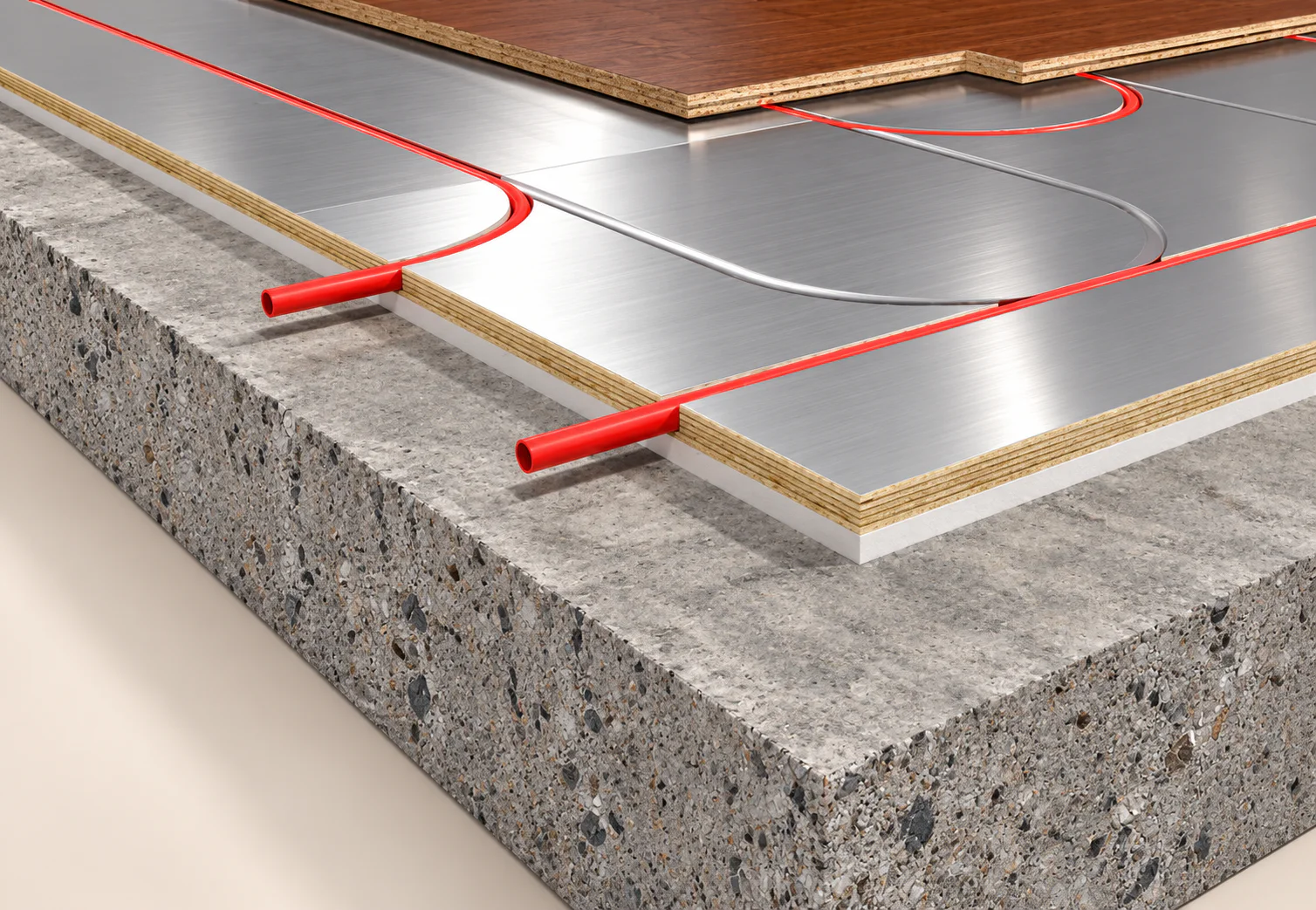 Insulated radiant heating panel assembly installed over concrete