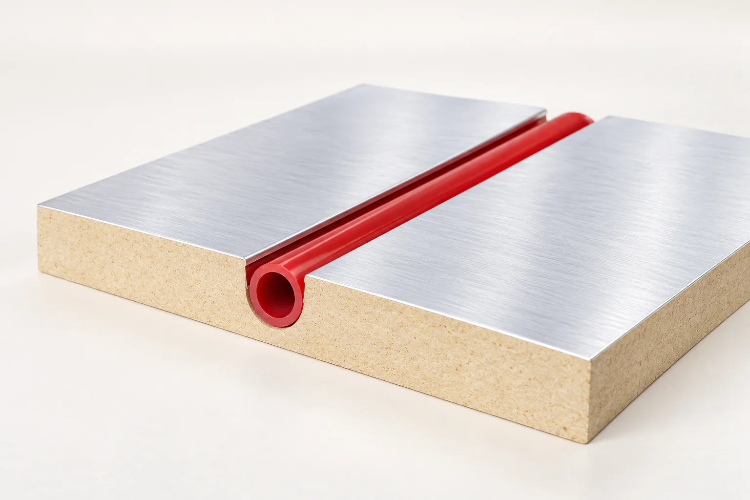 Close view of an aluminum radiant floor panel with red PEX tubing