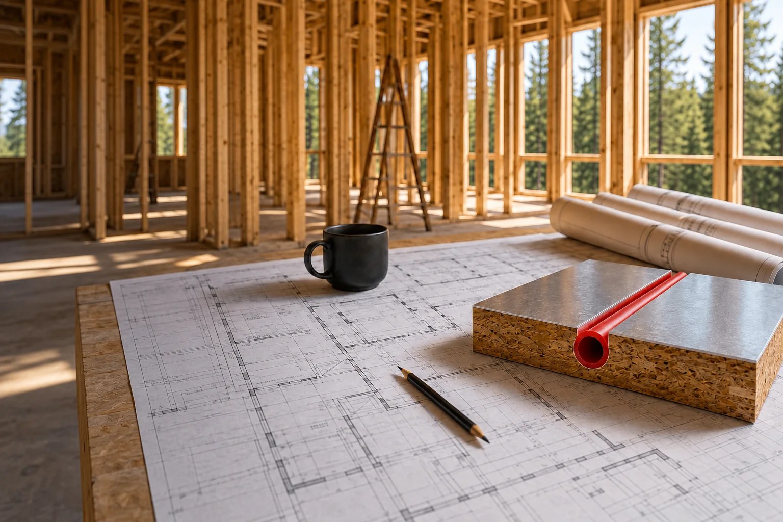 Architectural floor plans and an Ecowarm radiant floor heating panel at a new-construction jobsite